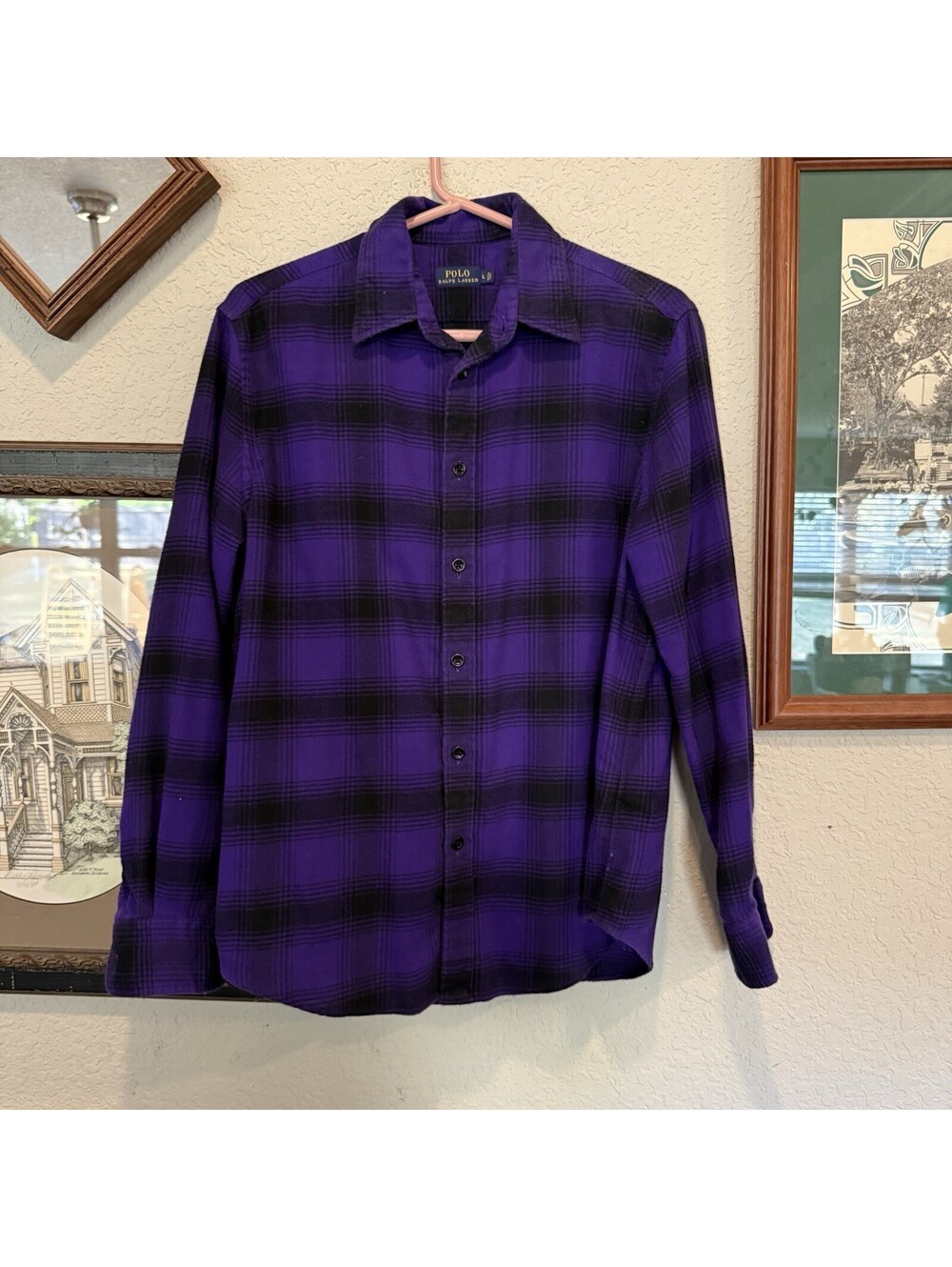 Polo Ralph Lauren Mens Designer Purple/Black Plaid Flannel Button Shirt Large